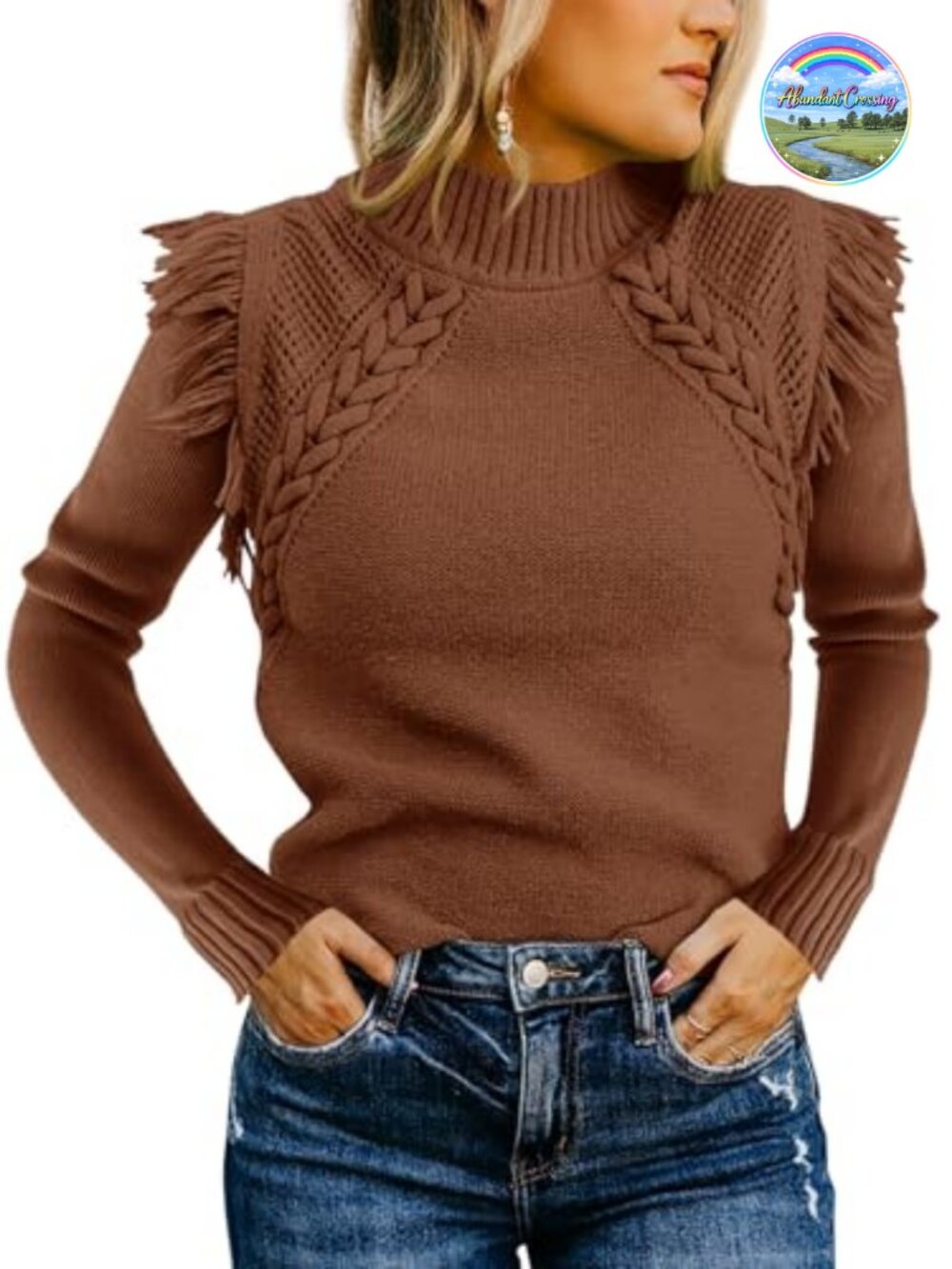 Saodimallsu Women's Cable Knit Mock Neck Fringe Slim Fit Long Sleeve Boho